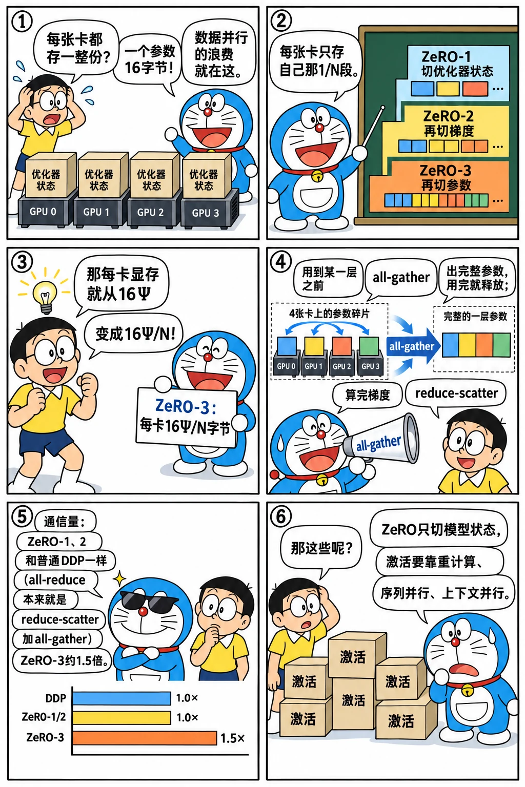 漫画：ZeRO：每张卡只存 1/N